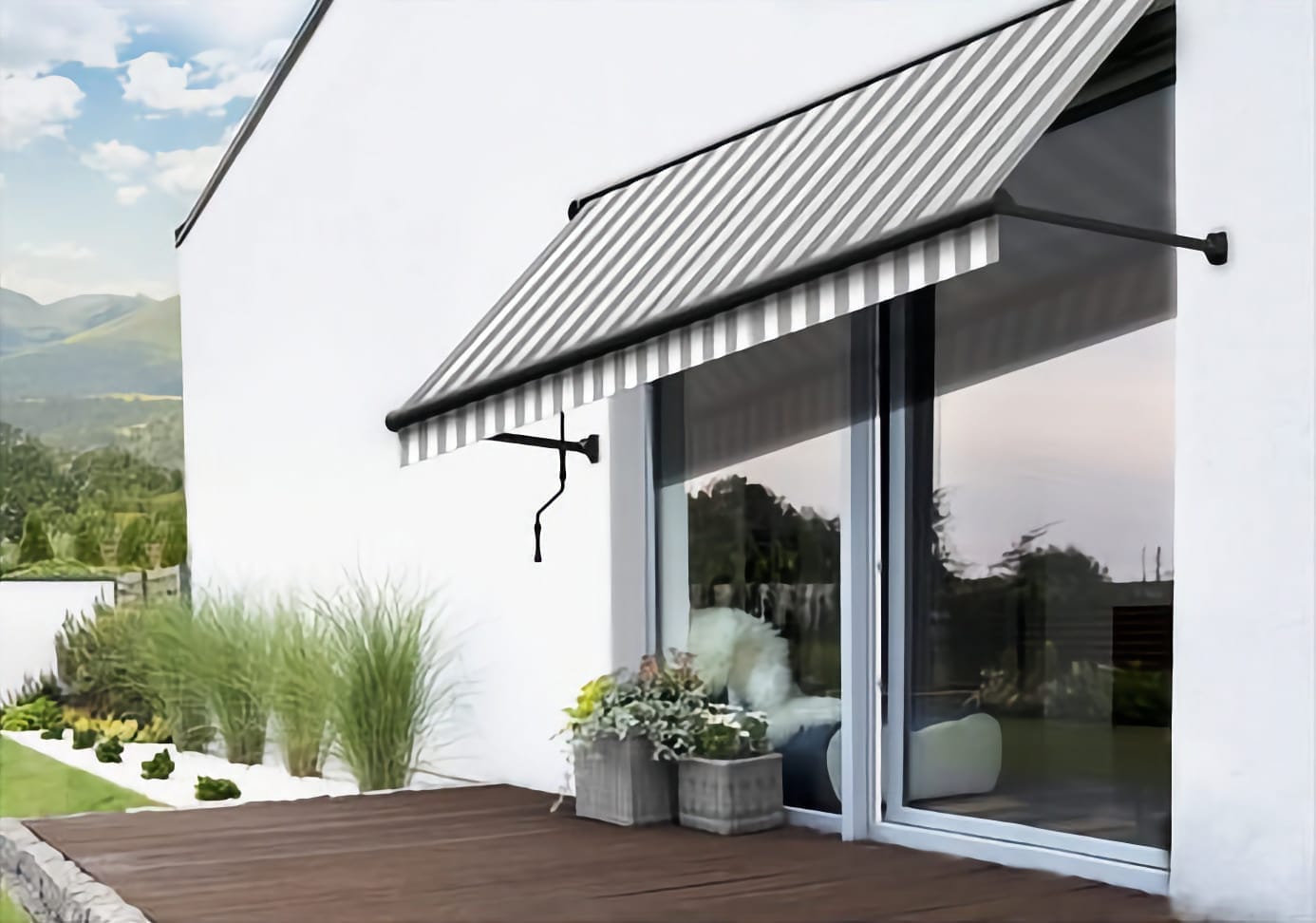 toldo de 90 grados con rayas en una terraza de madera - render